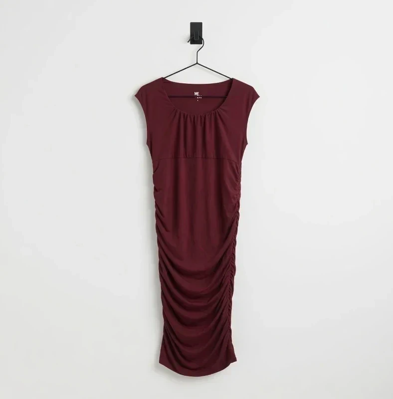 ME+EM Ruched Dress L Burgundy Red Modal Jersey Sleeveless