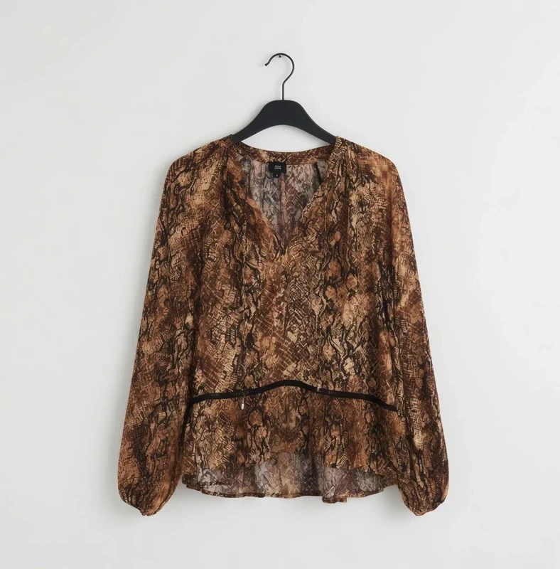 River Island Snake Print Blouse Size 10 Brown Animal Pattern Boho Top V-Neck