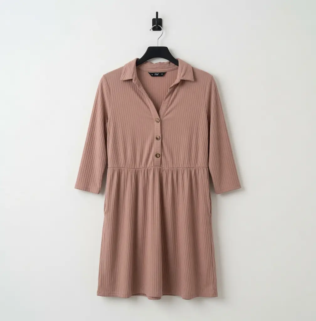 F&F Womens Ribbed Button Neck Mini/Midi Dress Size UK 16 Mauve Brown Collared