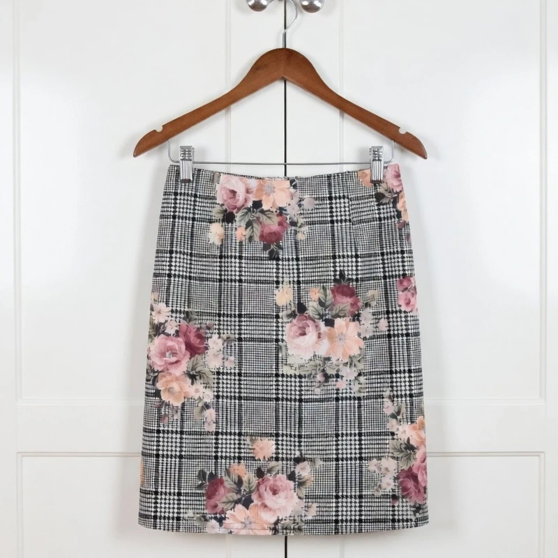 New Look Floral Overlay Grey Check Mini Skirt UK 10