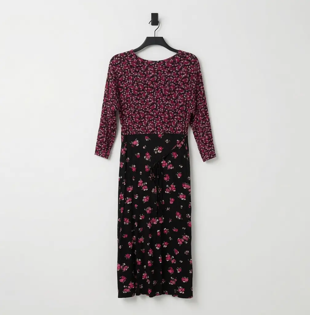 F&F Pink Black Floral Midi Dress UK 16 Front Split Tie Detail 3/4 Sleeve