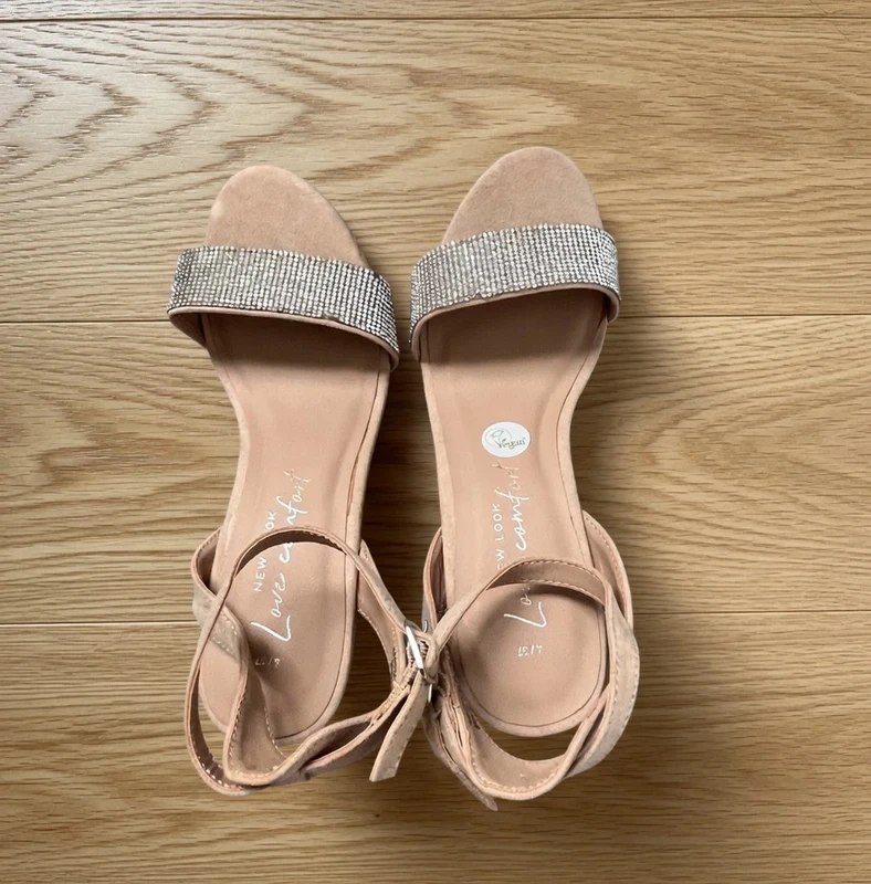 New Look Womens UK 4 EU 37 Nude Pink Diamante Ankle Strap Cork Wedges New