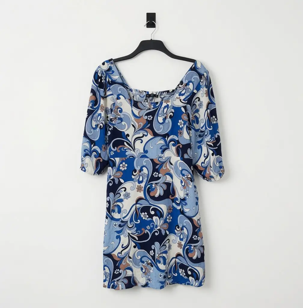 F&F Blue Floral Retro Swirl Print Dress Size UK 16 3/4 Sleeve Smock