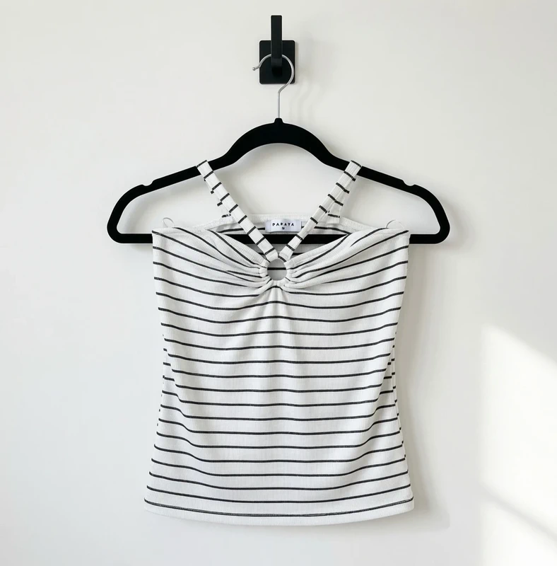 Papaya Women Cami Top (UK 10) White Black Stripe Glitter Ribbed Vest