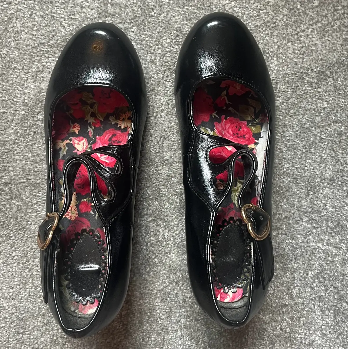Womens Black T-Strap Mary Jane Heels Size UK 4 Floral Lining Retro Vintage Style