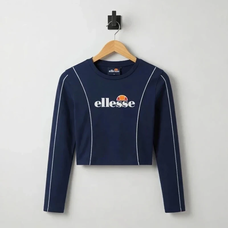 Ellesse Navy Blue Long Sleeve Crop Top Size UK 6 Piping Logo Tee