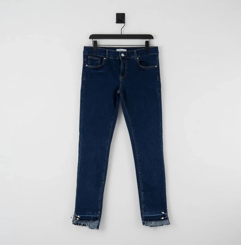 Zara Basic Z1975 Denim Jeans Women's Size 8/40 Dark Wash Pearl Embellished Hem