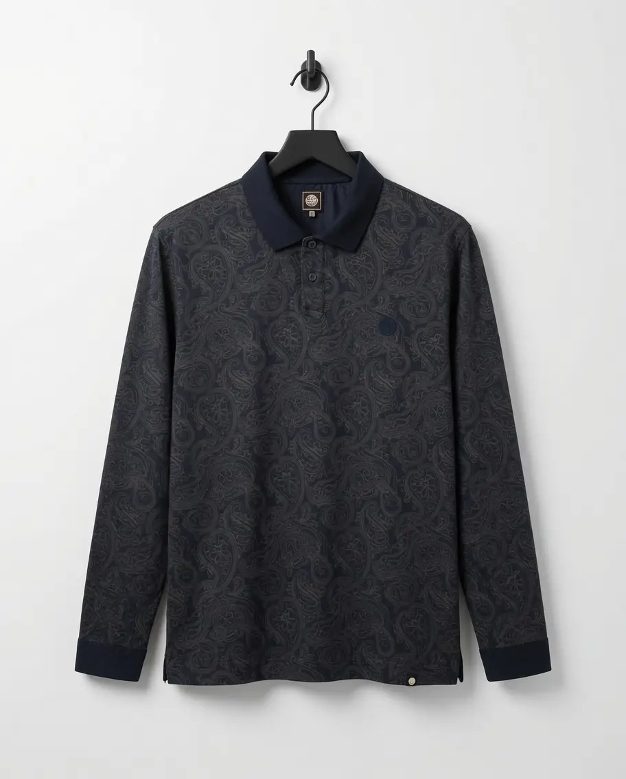 Pretty Green Mens Long Sleeve Polo Shirt Size XXL Navy Charcoal Paisley  Top