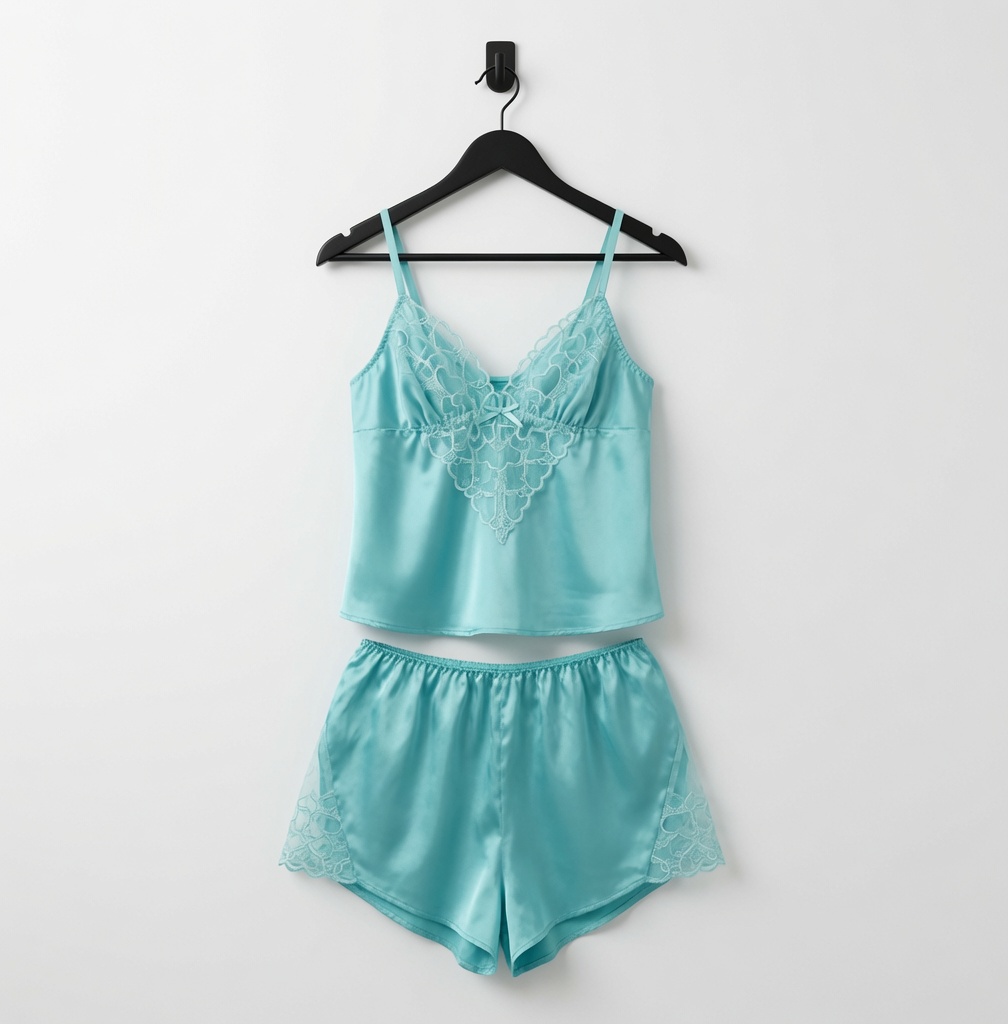 SHEIN Aqua Teal Satin & Lace Cami Pyjama Shorts Set - Size M