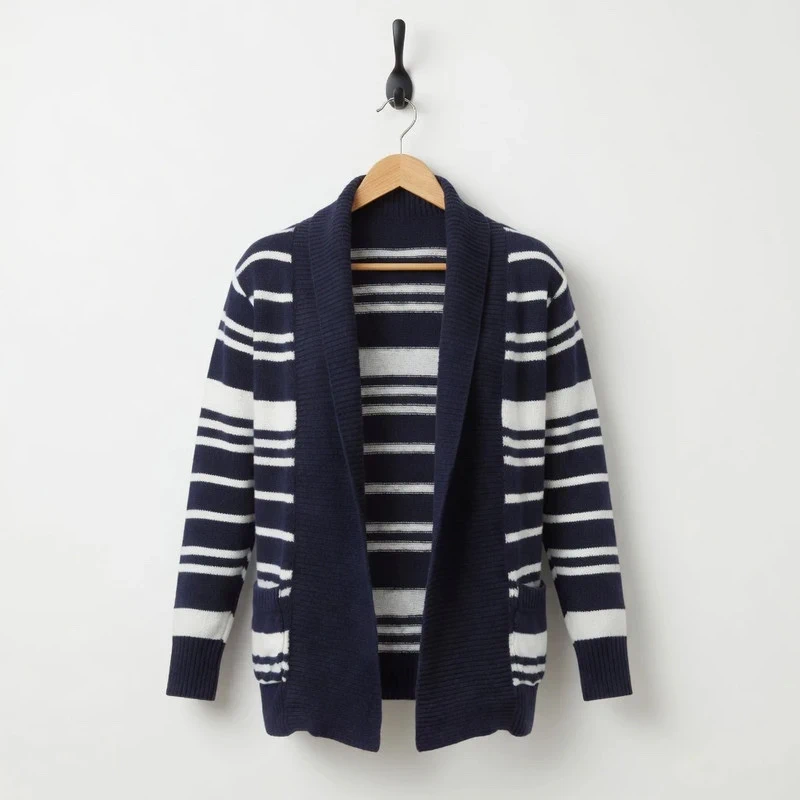 Animal Women's Striped Cardigan Size 12 Navy White Shawl Collar Open Front Knit