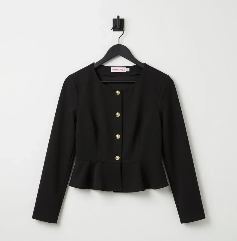 Pink Boutique Queen Of Drama Black Peplum Blazer Top Gold Buttons Size UK 10