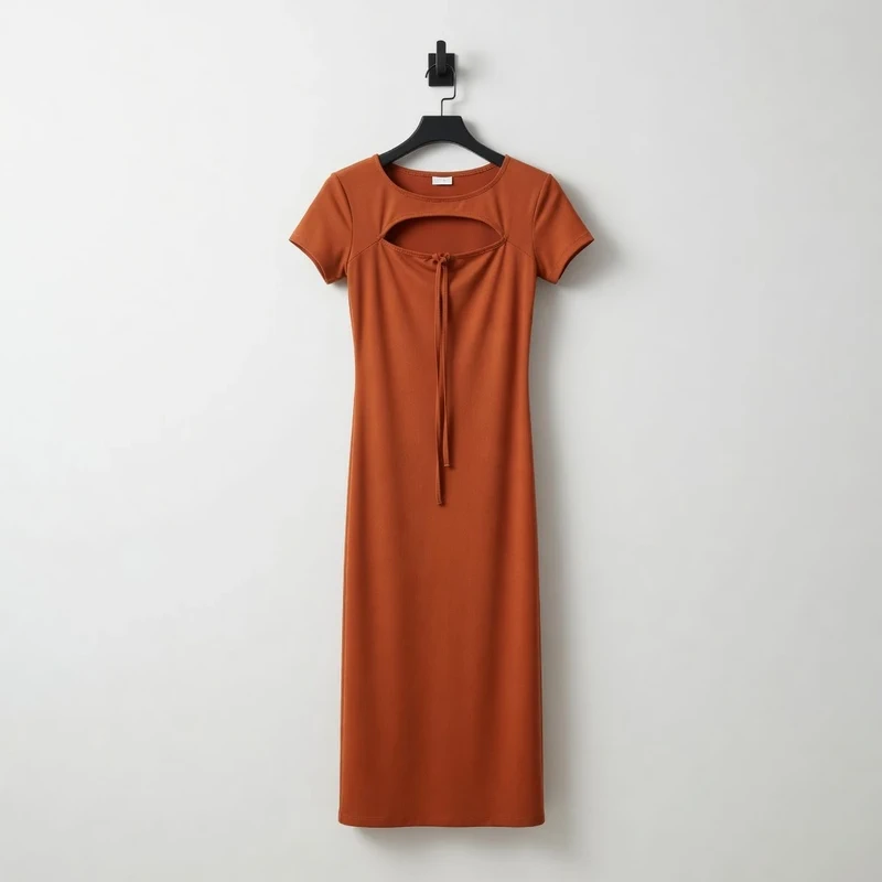River Island Dark Orange Ribbed  Dress With Cut Out Detail Size 10