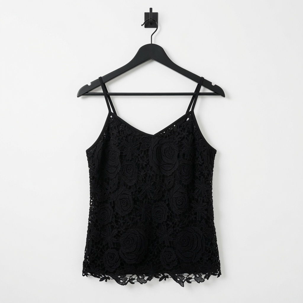Black Floral Lace Front Cami Top Spaghetti Strap Size XL UK 16 18 V Neck