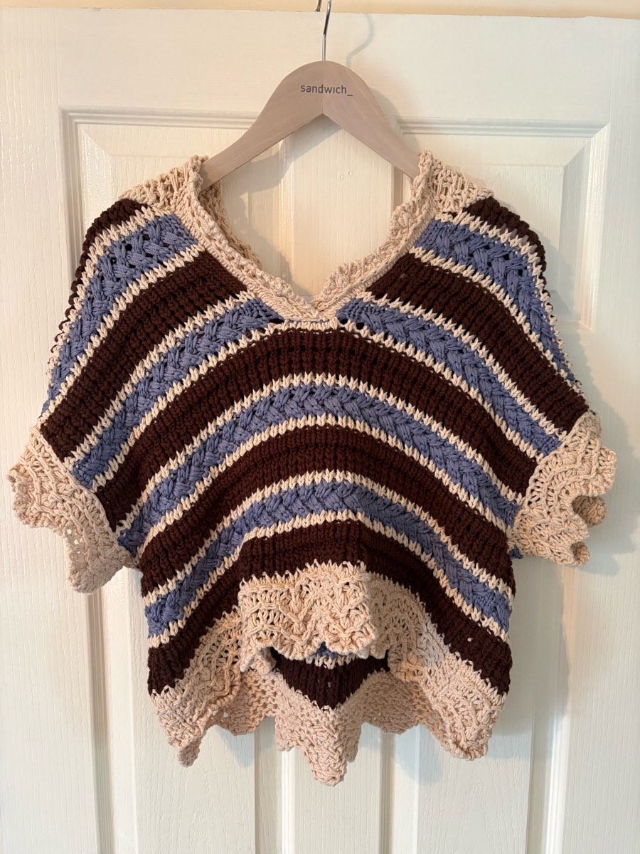 Zara Crochet Knit Hooded Striped Jumper Poncho Beige Blue Brown Size M