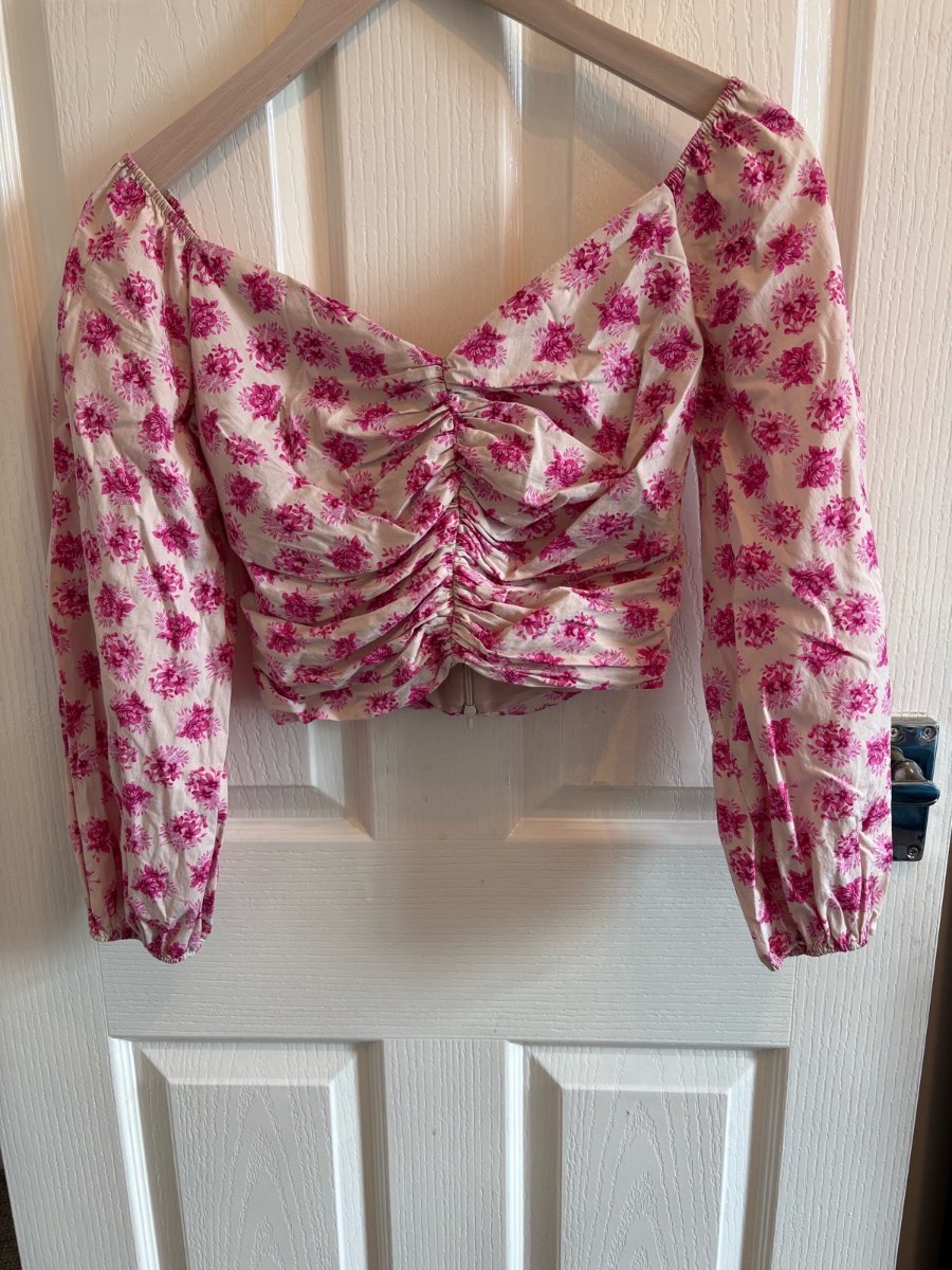 Zara Floral Ruched Crop Top Pink Cream Puff Sleeve Size S