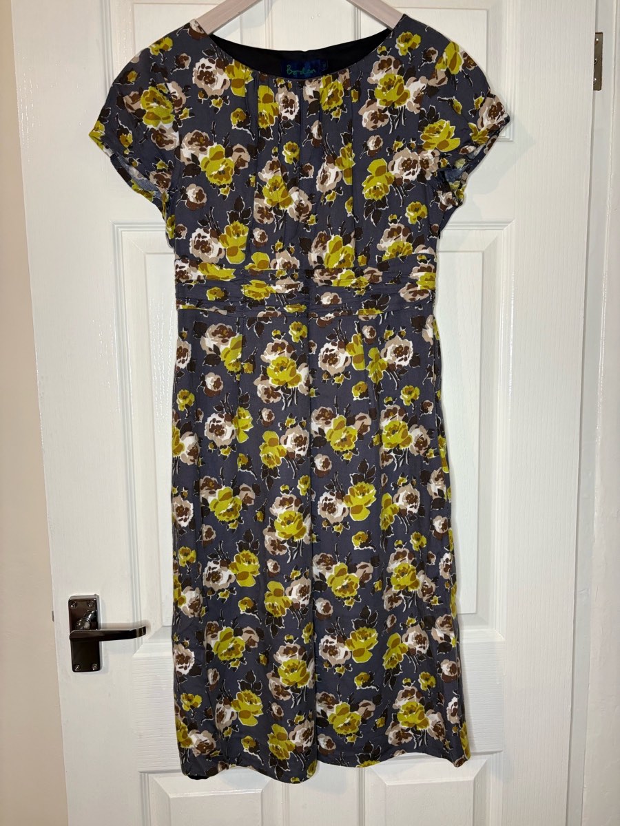 Boden Floral Tea Dress UK 10L Grey Green Cap Sleeve Dress