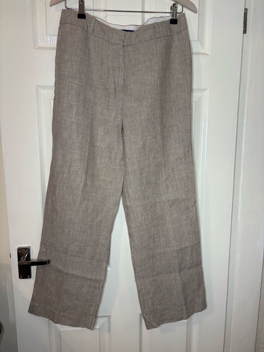 M&S Collection Pure Linen Taupe Wide Leg Trousers UK 12 Long