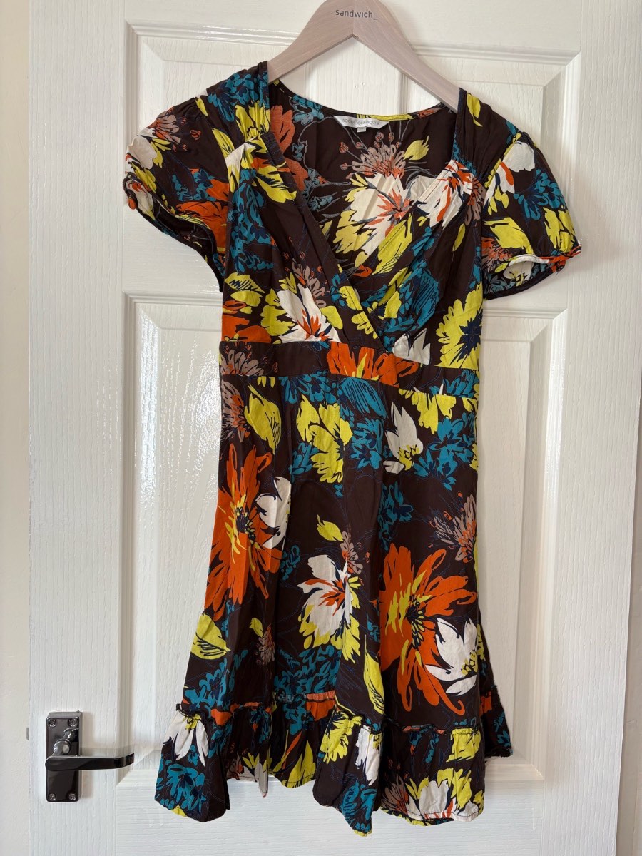 Rocha John Rocha Floral Knee Length Dress UK 14 Brown Wrap Look Tea Dress