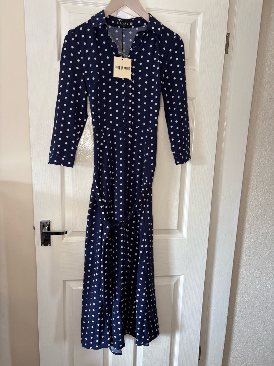 BNWT Girl In Mind Angela Navy Polka Dot Midi Shirt Dress UK 8 Belted