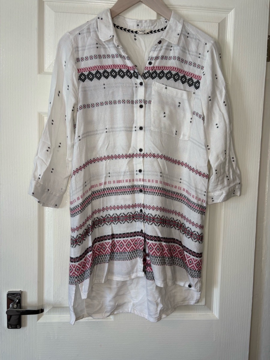 White Stuff Linen Blend Longline Shirt UK 8 White Pink Geometric Tunic Blouse