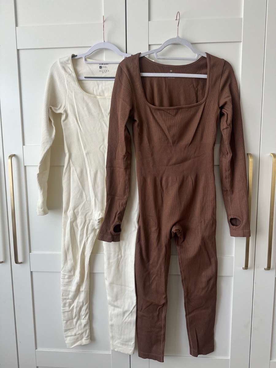Curla By Ribbed Unitard Bundle – Size M (UK10–12) – Cream & Brown – Fitted Long Sleeve Jumpsuits