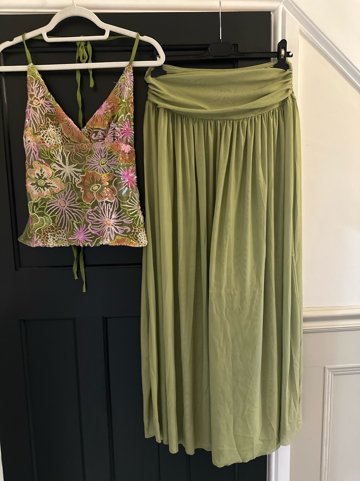 ✨ Beaded Halter Crop Top & Sheer Maxi Skirt Co‑Ord Set – One Size ✨