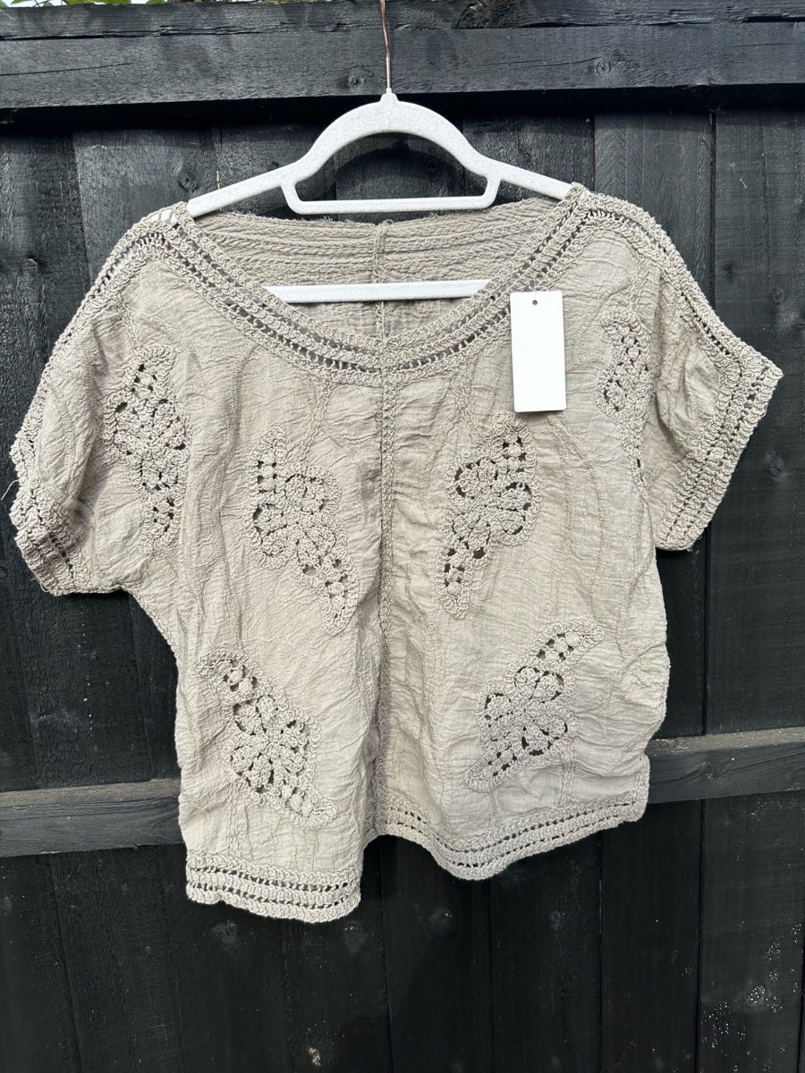 ✨ Grey Crochet & Embroidered Top | One Size – Fits UK 8–16 ✨