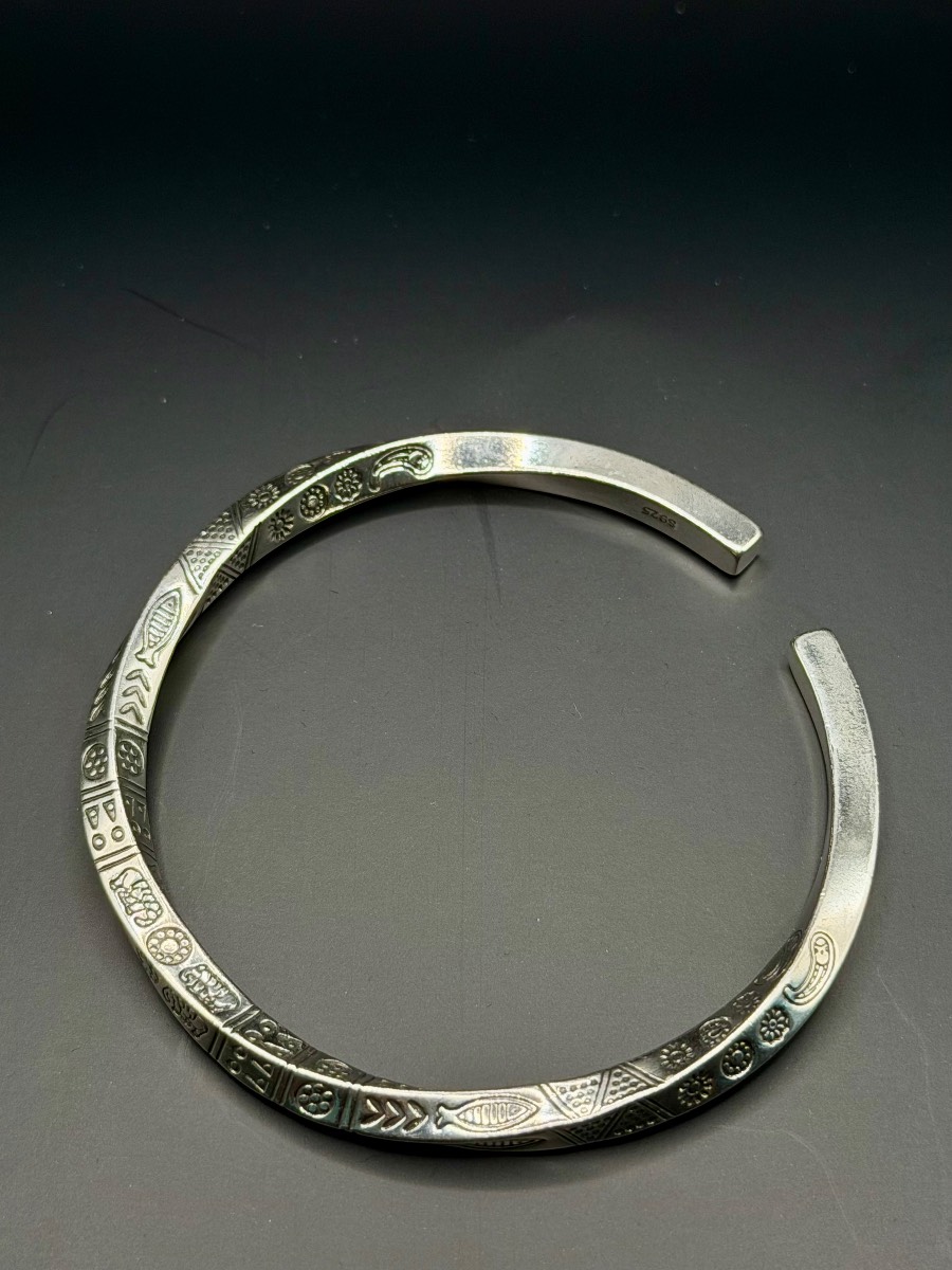 925 Sterling Silver Geometry Totems Open Bangle Bracelet