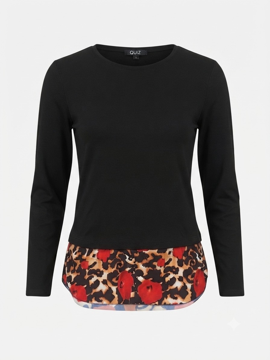 QUIZ Versatile Lightweight Long Sleeve Top with Leopard & Red Poppy Print Hem - UK 12