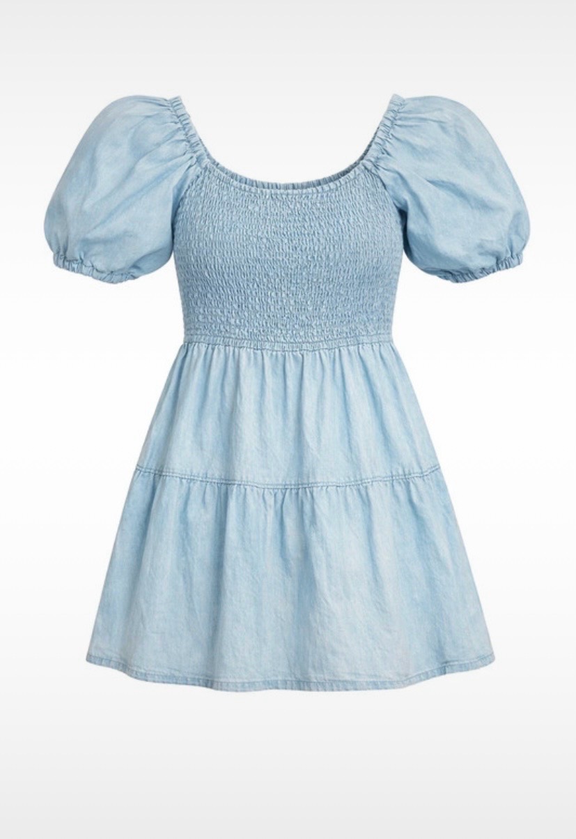 Papaya Denim Cotton Light Blue Smocked Puff Sleeve Summer Dress - UK 10
