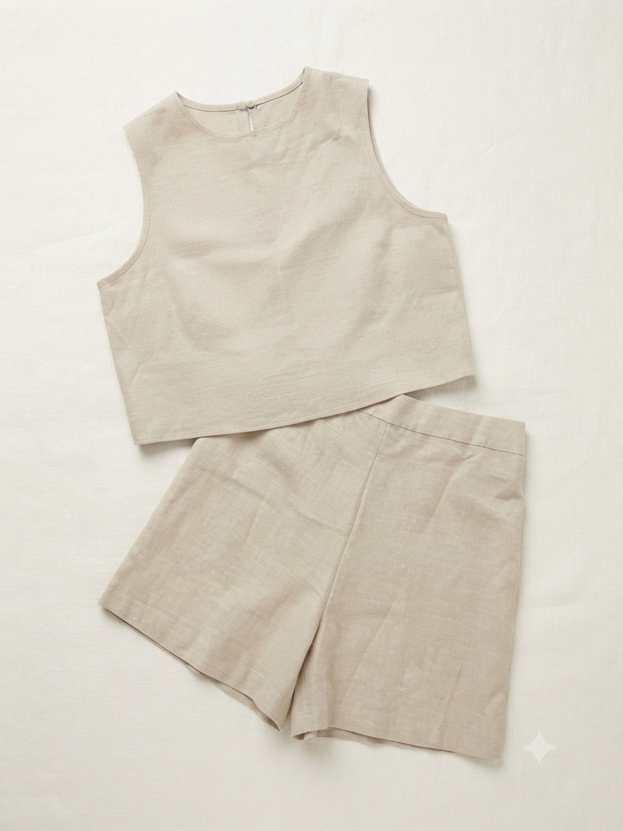 Neutral Linen-Look Crop Top & High-Waist Shorts 2-Piece Set - UK M (8/10/12)
