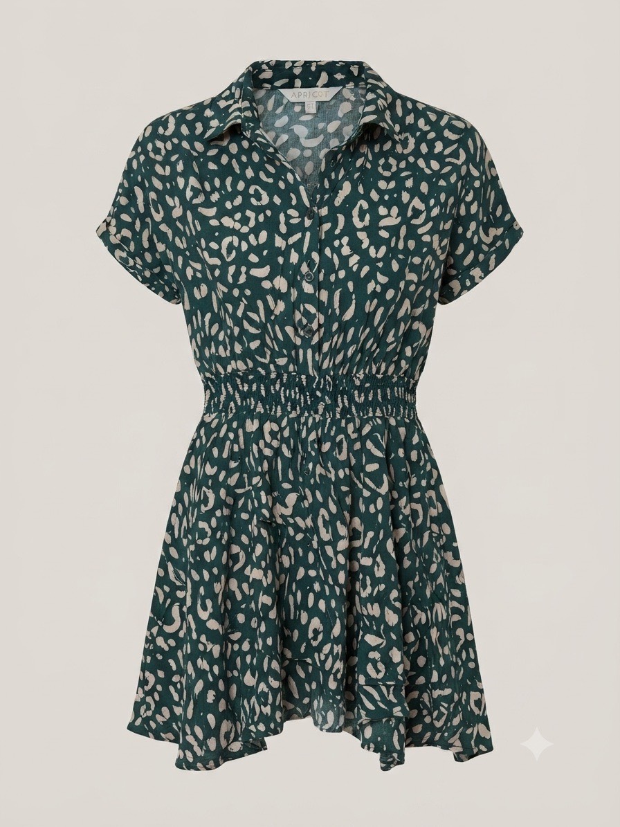 Apricot Green Leopard Print Short Sleeve Smocked Mini Shirt Dress - UK 10