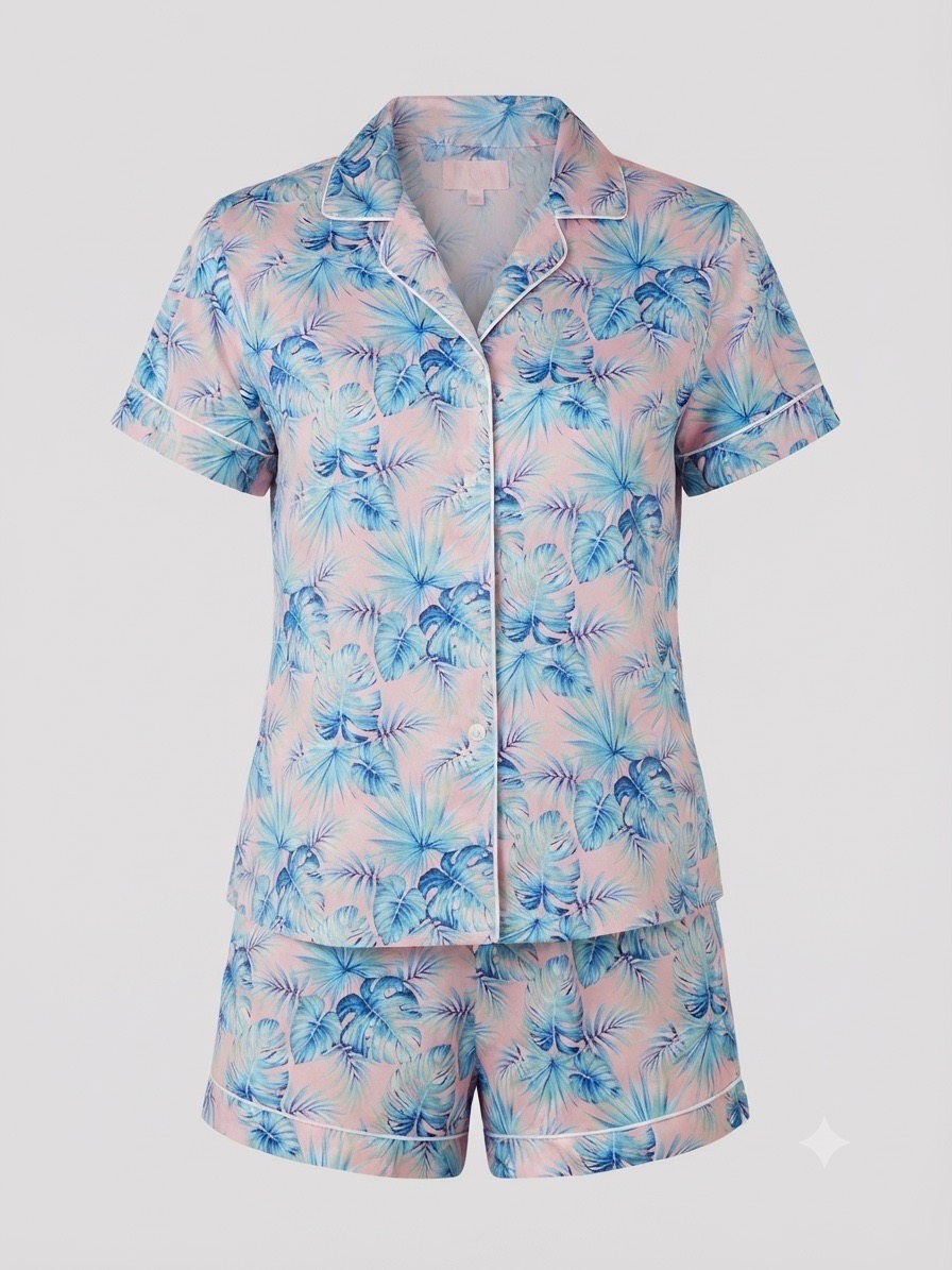 Tropic Like It’s Hot Tropical Print Satin Like Finish Pyjama Set Shorts - UK 8