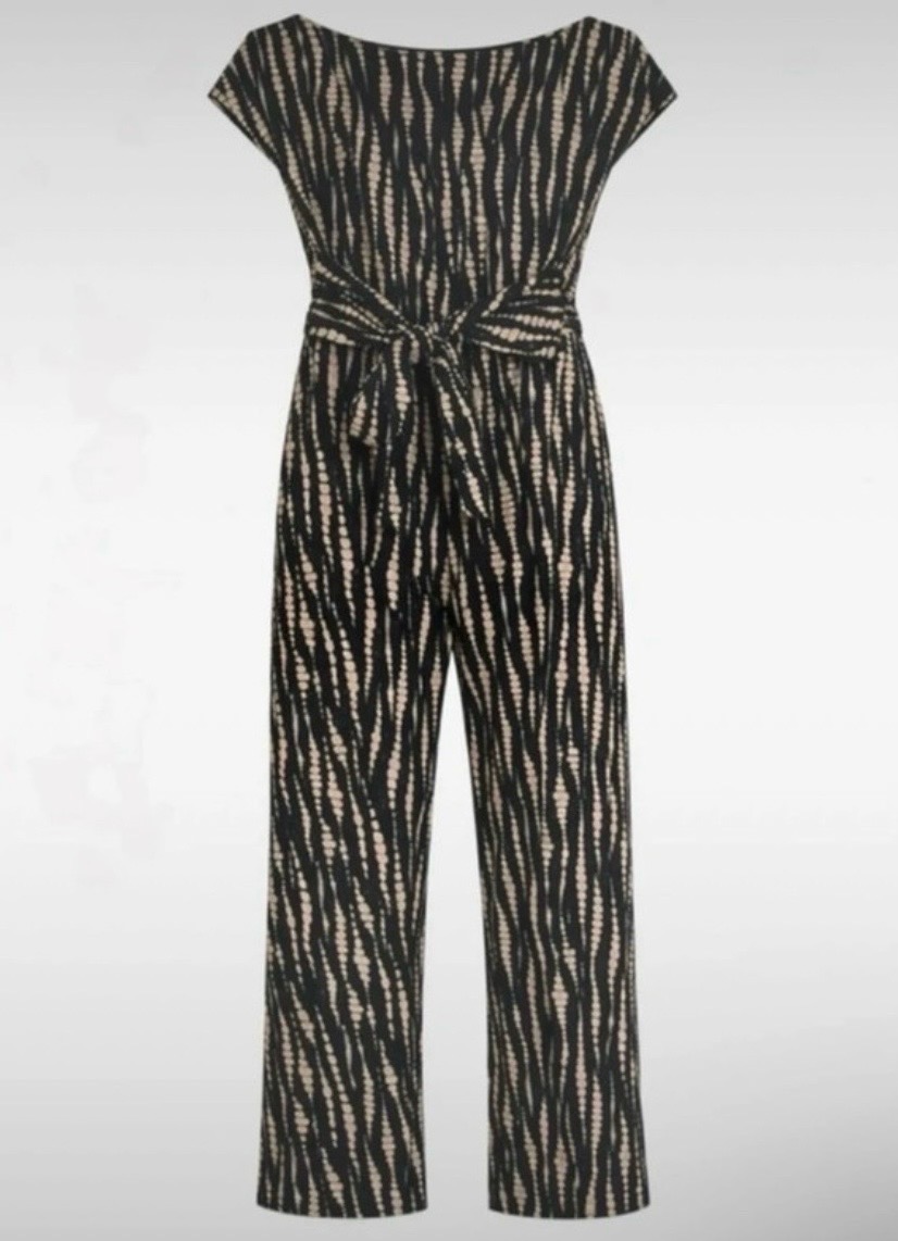 V&T Black & Cream Boat Neck Abstract Belted Jumpsuit - UK M (10/12)