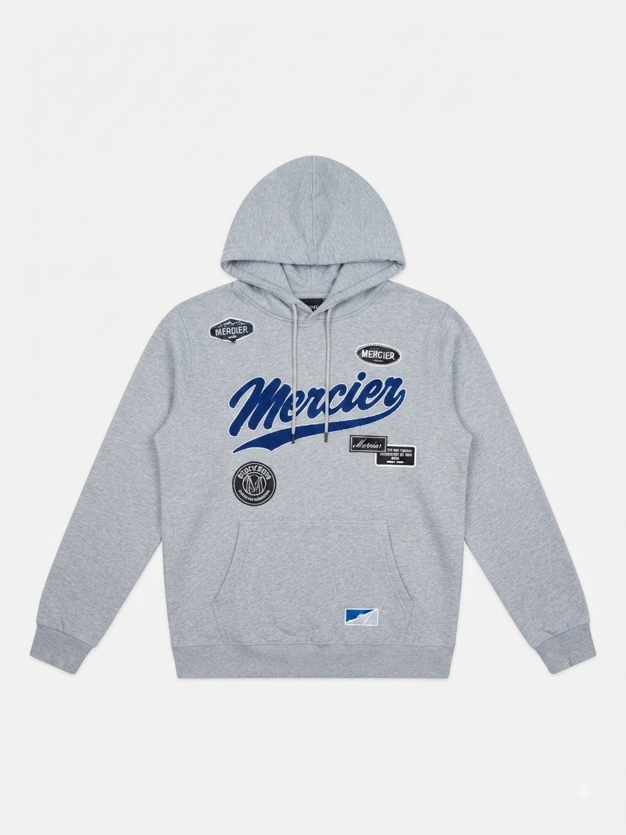 Mercier Grey Marl Cotton Blend Hybrid Embroidered Badge Pullover Hoodie - UK M