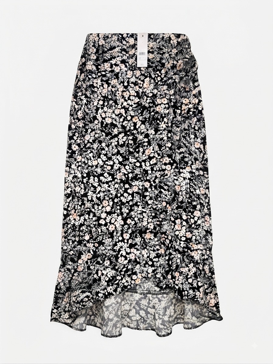 George Black Floral Ruffle Wrap Midaxi Skirt - UK 8, 26W, 32L
