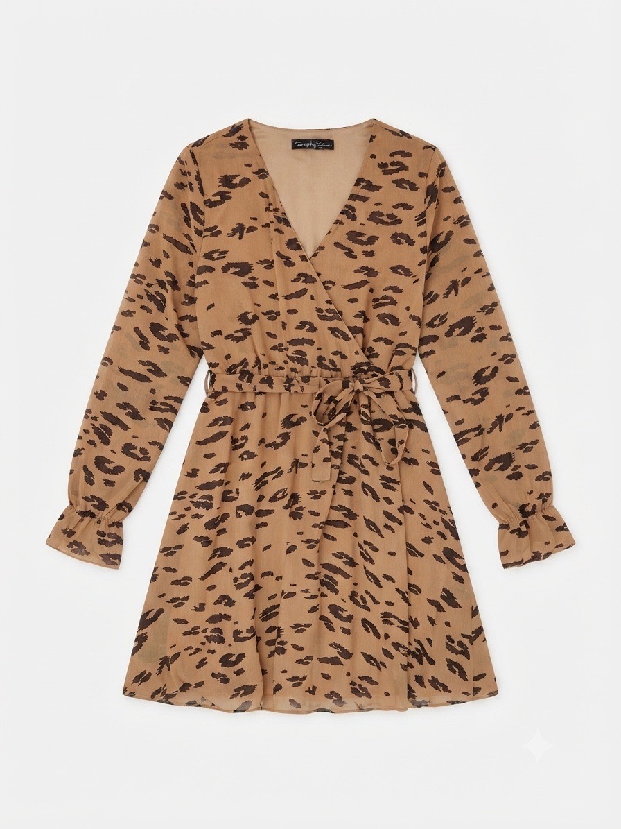 Sensation Life Tan Animal Print Faux Wrap Midi Dress & Belt - UK 8/10