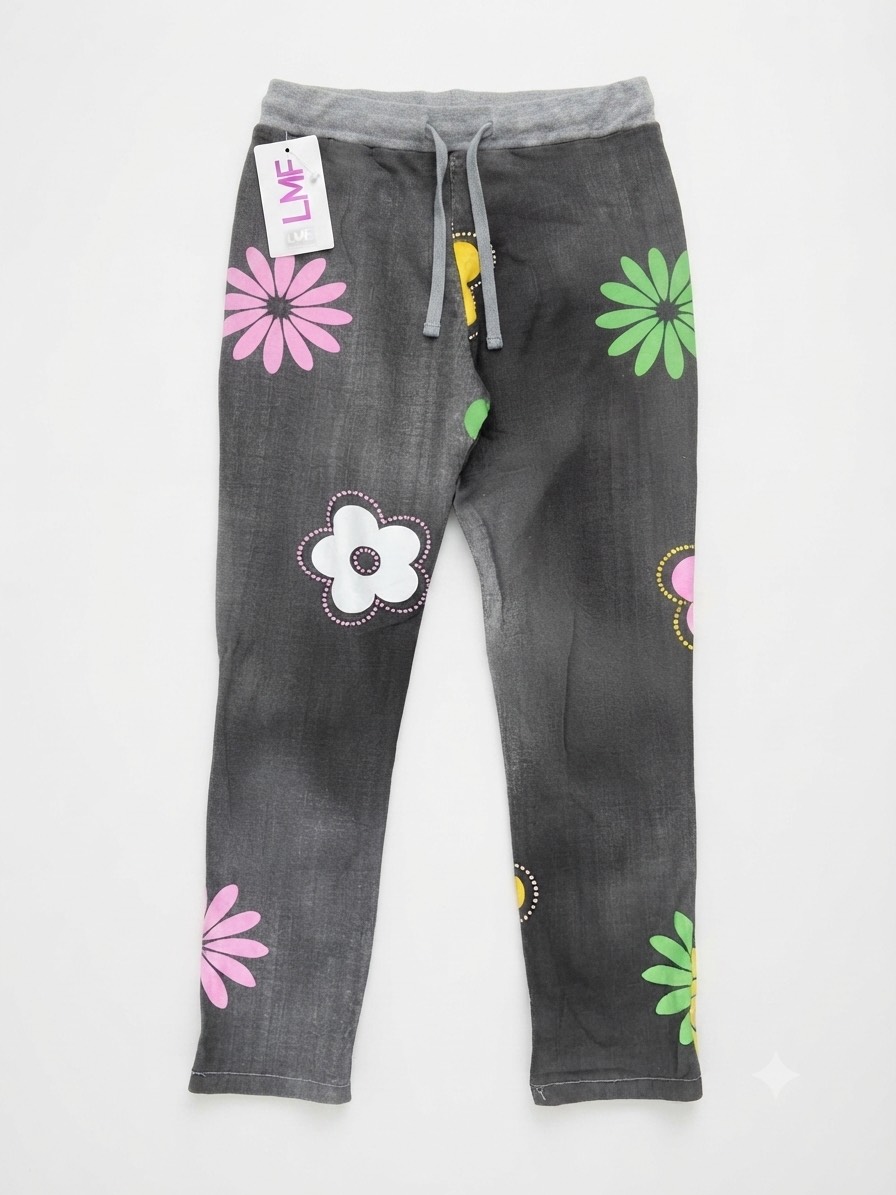 Made In Italy Grey Floral Print Cotton Casual Trousers Drawstring - UK S 28W 27L
