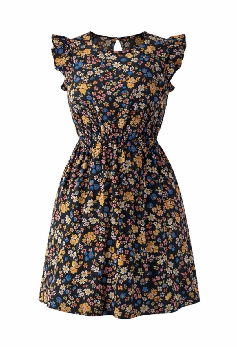 Shein Curve Floral Ruffle Sleeve Spring & Summer Casual Dress - UK 1XL (14/16/18)