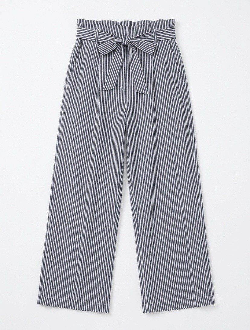 H&M Paperbag Cotton Striped Wide-Leg Cropped Trousers with Belt - UK 10