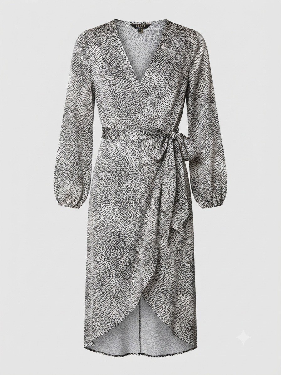 Lipsy London Black & Silver Animal Print Long Sleeve Wrap High-Low Dress - UK 12