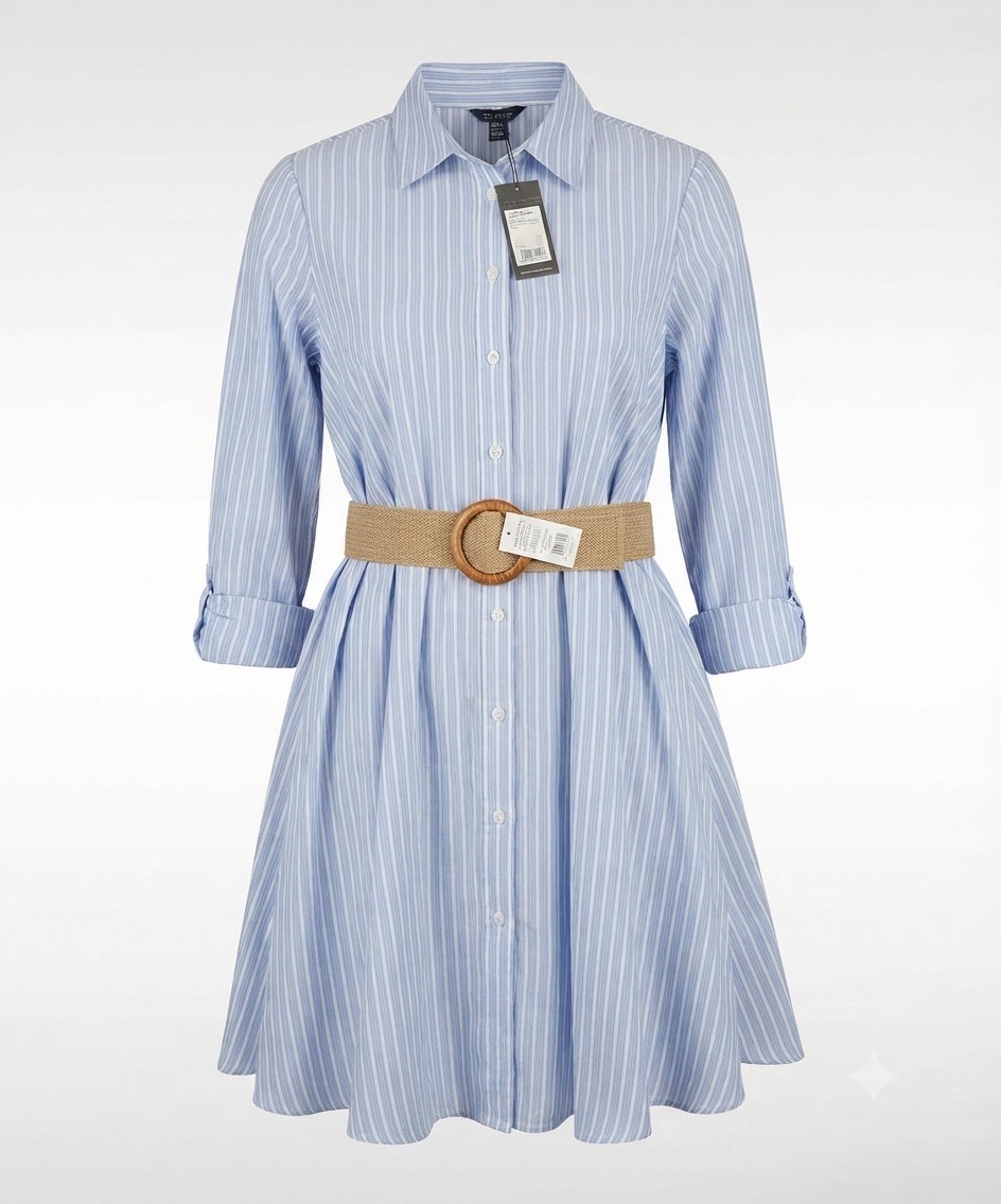 New Look Summer Blue & White Stripe Midi Shirt Dress & Belt - UK 12