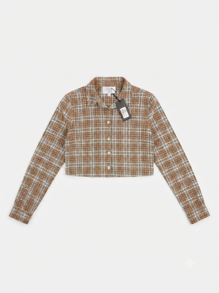 Primark Plaid Check Cropped Long Sleeve Shirt Blouse Jacket - UK 10