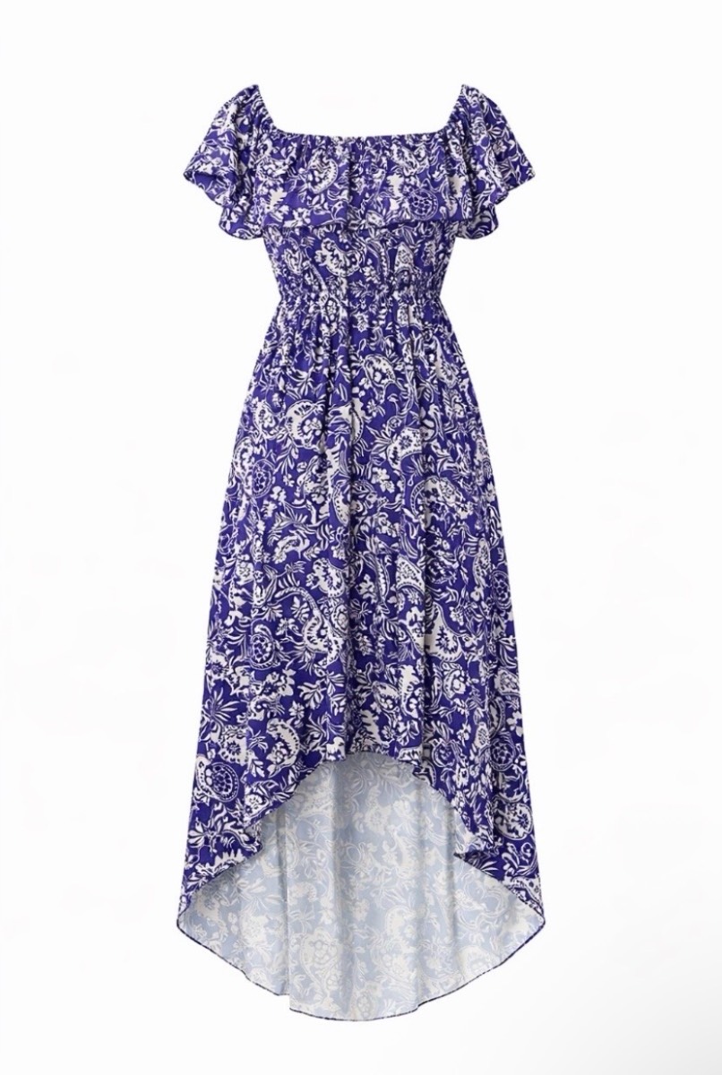 Boohoo Blue & White Floral Paisley Print High-Low Maxi Dress - UK 12