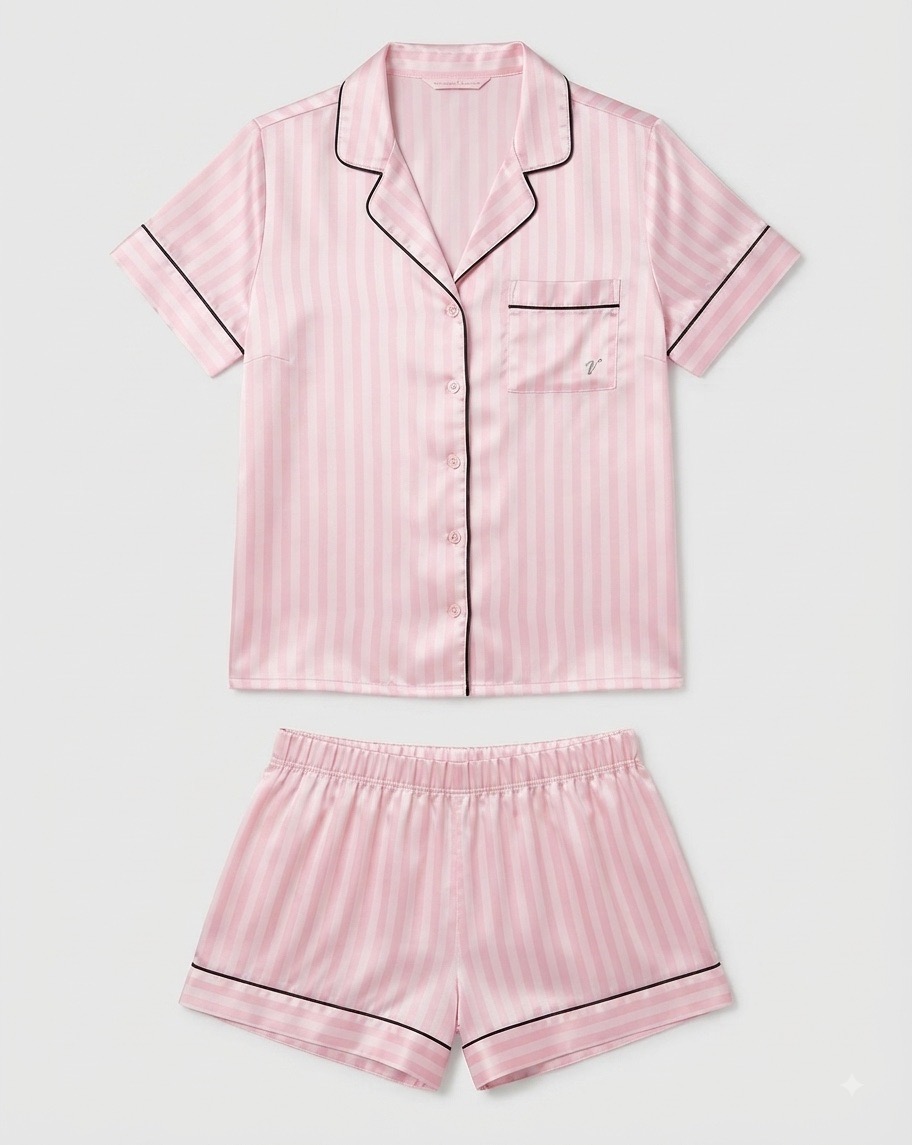 Victoria’s Secret Pink Stripe Satin Button Down Shirt & Short PJ Set Relaxed Fit - UK M (12/14)
