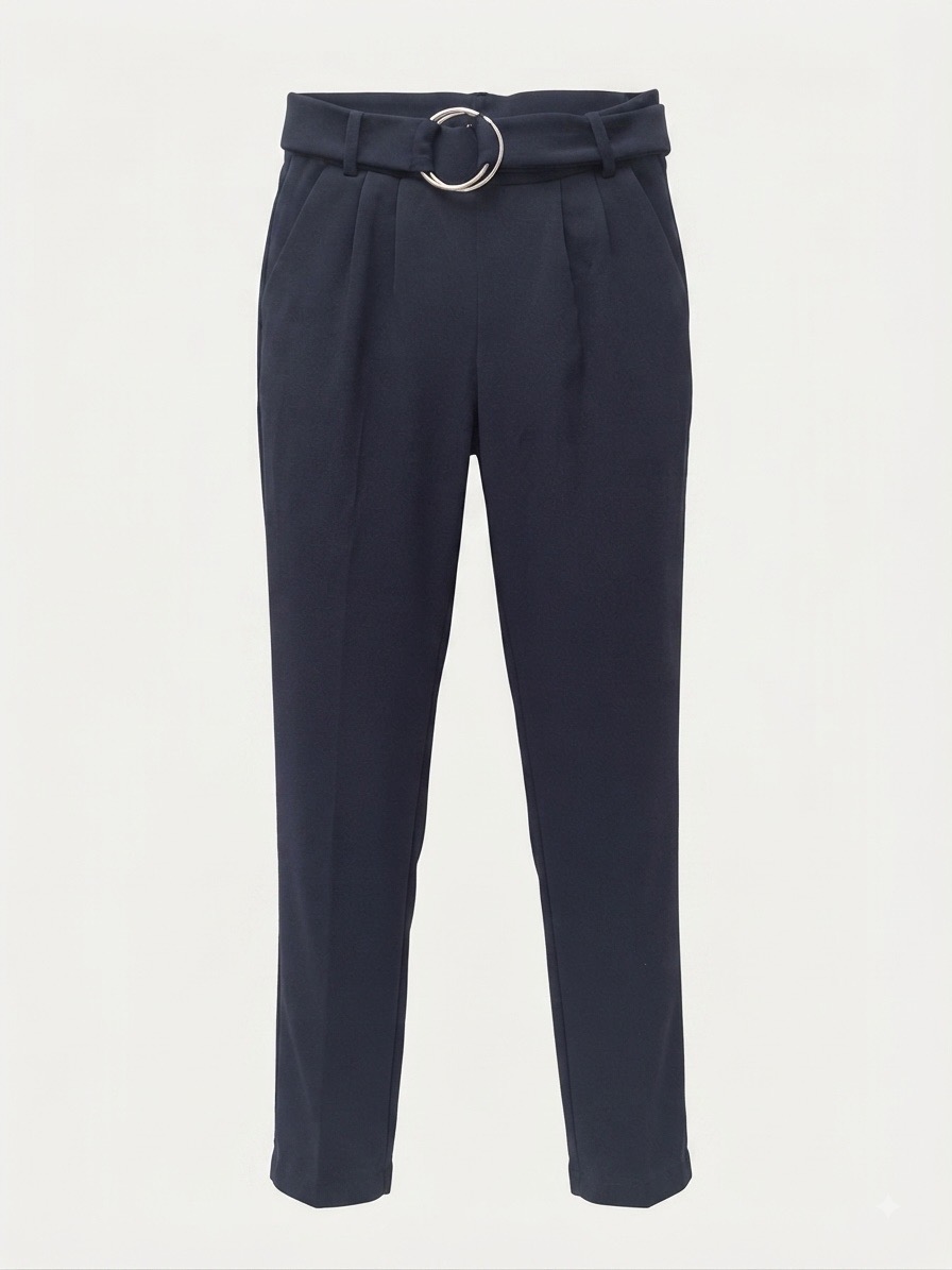 ONE5ONE Navy High-Waisted Ring Belted Trousers - UK S, 28.5W, 27L
