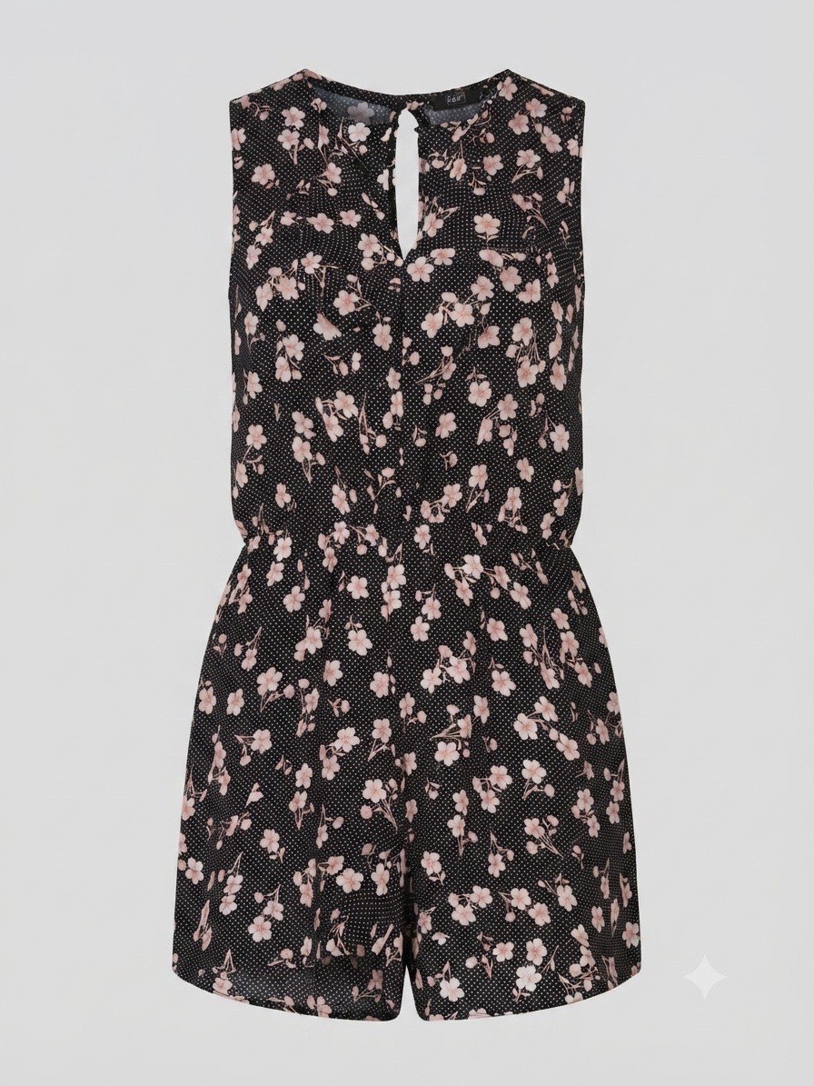 F&F Black Floral & Polka Dot Sleeveless Playsuit - UK 16