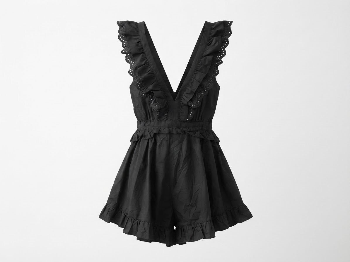 River Island Black Open-Back Ruffle Playsuit Cut-Out Tie-Back - UK M (12/14)