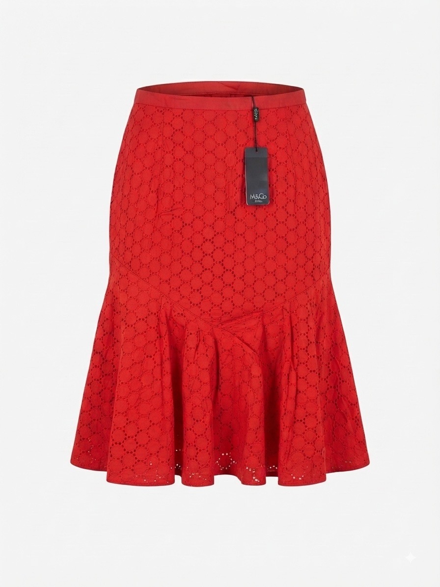 M&Co. Red Eyelet Broderie Anglaise Cotton Midi Skirt - UK 8, 26W, 25L
