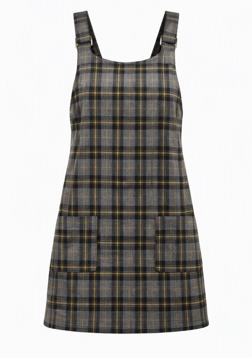 New Look Grey & Mustard Tartan Pinafore Dress - Stylish Plaid Check Preppy - UK 10